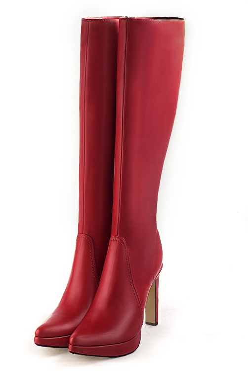 Cardinal red women's feminine knee-high boots. Tapered toe. Very high slim heel with a platform at the front. Made to measure. Front view - Florence KOOIJMAN